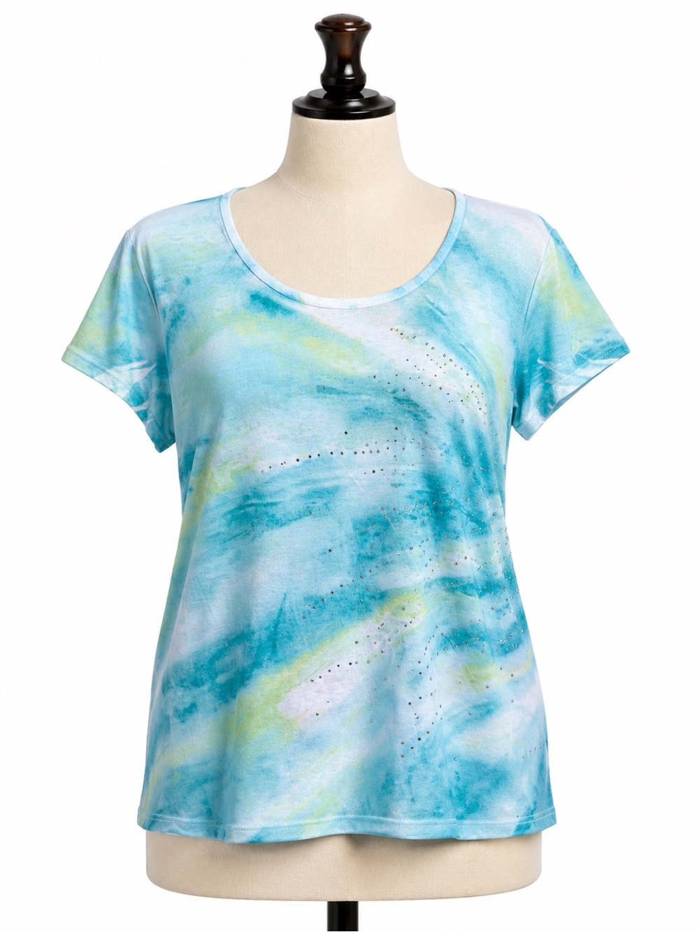 Chico's Aqua and Green Tie-Dye Short Sleeve Scoop Neck Top